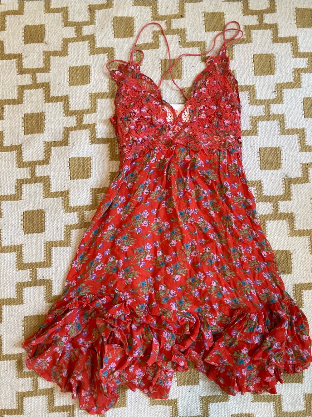 Free People Red Floral Lace-Front Ruffled camisole slip or sundress